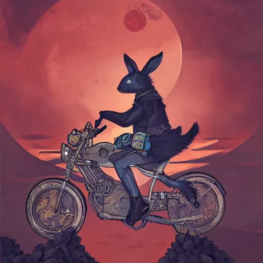 Prompt: bunny wearing a leather jacket riding a motorbike during sakura season on a blood moon, by peter mohrbacher, james jean, wlop, greg rutkowski, rule of thirds, dynamic pose, action pose, beautiful landscape