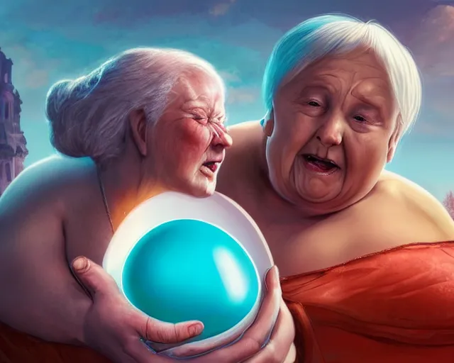 Prompt: of a very beautiful scene. ambient occlusion render. a sweet fat old woman is nursing a beautiful colorful huge egg. hyper realistic. 4 k. wide angle. baroque style. wild. symmetrical face, red mouth, blue eyes. deep focus, lovely scene. ambient occlusion render. concept art. unreal engine.