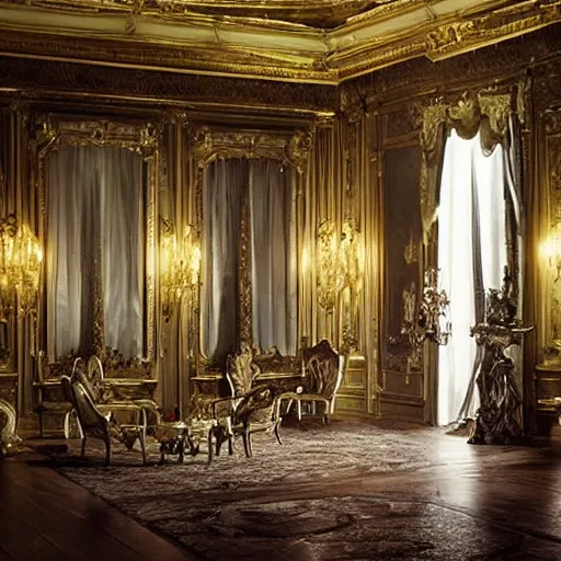 Prompt: actor willem dafoe in a large room, rococo setting, masterpiece, cinematic lighting, realistic, hyperreal, beautiful, clairobscur,