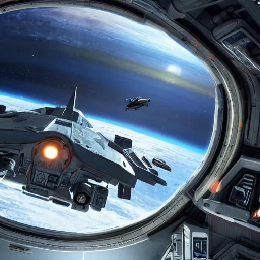 Prompt: photo realistic interior of Elite Dangerous space port artwork