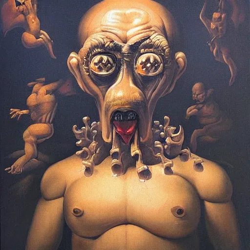 Image similar to oil painting with black background by christian rex van dali todd schorr of a chiaroscuro portrait of an extremely bizarre disturbing mutated man with acne intense chiaroscuro obscuring features lighting perfect composition masterpiece