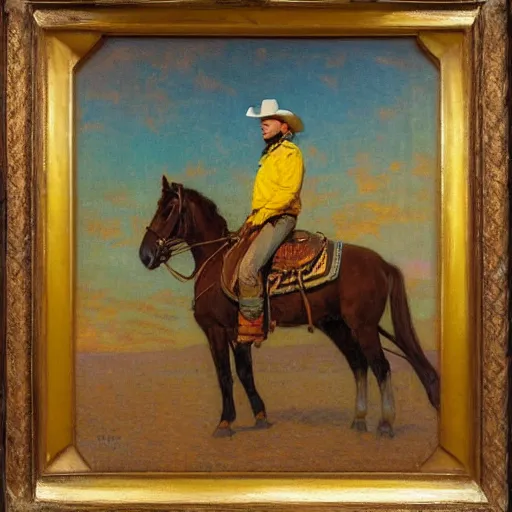 Prompt: horse rider cowboy in yellow jacket against sunset and parked spaceship, oil painting, gaston bussiere, mucha, gerome,