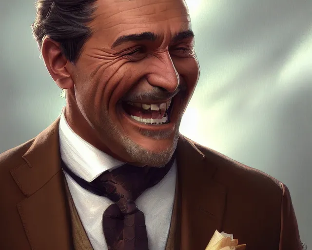 Image similar to close up of ernie sabella smiling wearing a brown suit and necktie, focus, d & d, intricate, elegant, highly detailed, digital painting, artstation, concept art, matte, sharp focus, illustration, hearthstone, art by artgerm and greg rutkowski and alphonse mucha