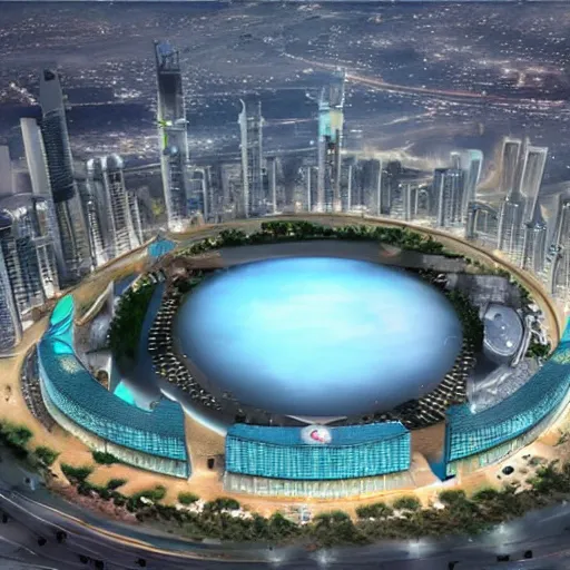 Image similar to giant toilet arch vis of dubai city of the future named toilet land