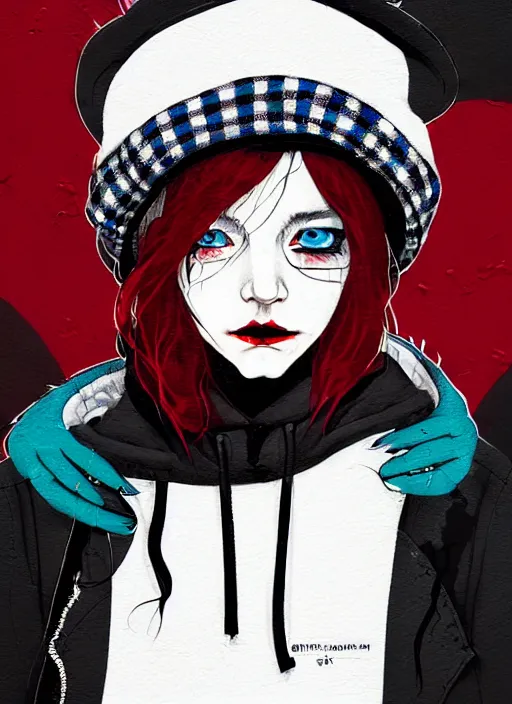 Prompt: highly detailed portrait of an new york sewer punk lady student, blue eyes, tartan hoody, hat, white hair by atey ghailan, by greg tocchini, by kaethe butcher, by james gilleard, gradient red, black, brown, cream and white color scheme, grunge aesthetic!!! ( ( graffiti tag wall ) )