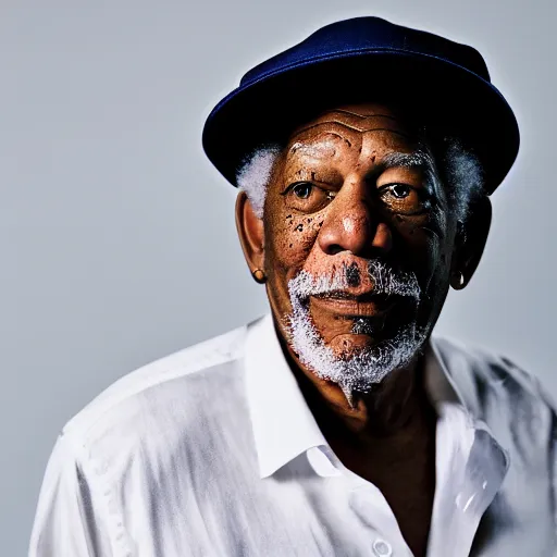 Image similar to a studio photograph of Morgan Freeman dressed as A rapper, 40mm lens, shallow depth of field, split lighting