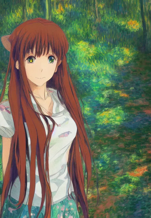 Prompt: wide angle portrait of a teenage girl, a thrifty outfit, somewhat of an anime in impressionist style, fantasy forest background, trending artwork, illustrated in anime painter studio, by claude monet and an anime artist, collaboration