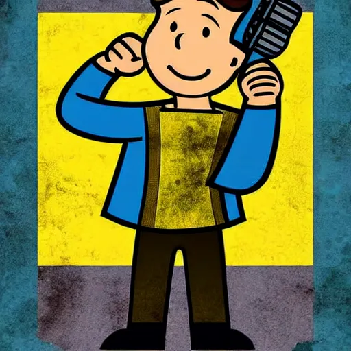 Prompt: fallout 4 digital art poster of vault boy holding uranium