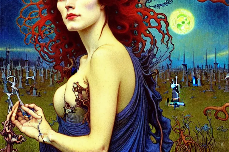 Image similar to realistic detailed portrait painting of a beautiful woman with a zombie, nightly graveyard landscape background by Jean Delville, Amano, Yves Tanguy, Alphonse Mucha, Ernst Haeckel, Edward Robert Hughes, Roger Dean, rich moody colours, blue eyes