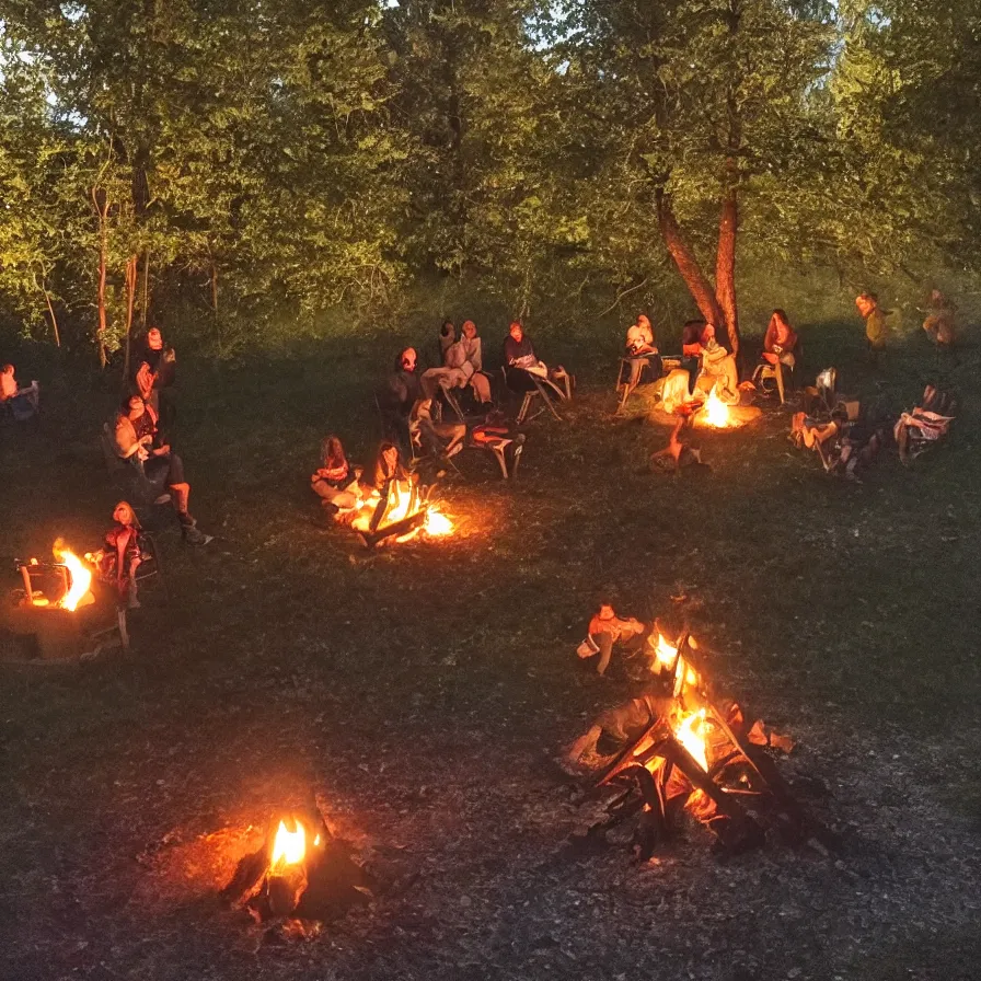 Prompt: a nice evening around the camp fire, friends are drinking and laughing, there is something behind the tree