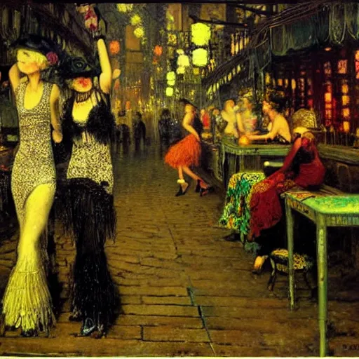 Prompt: noir impressionist painting of hippie flappers at a speakeasy rave, John Atkinson Grimshaw, 1880, oil on canvas