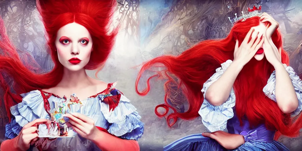 Image similar to The Red Queen, alice in wonderland, Cards, colorful, wide angle, super highly detailed, professional digital painting, artstation, concept art, smooth, sharp focus, no blur, no dof, extreme illustration, Unreal Engine 5, Photorealism, HD quality, 8k resolution, cinema 4d, 3D, beautiful, cinematic, art by artgerm and greg rutkowski and alphonse mucha and loish and WLOP