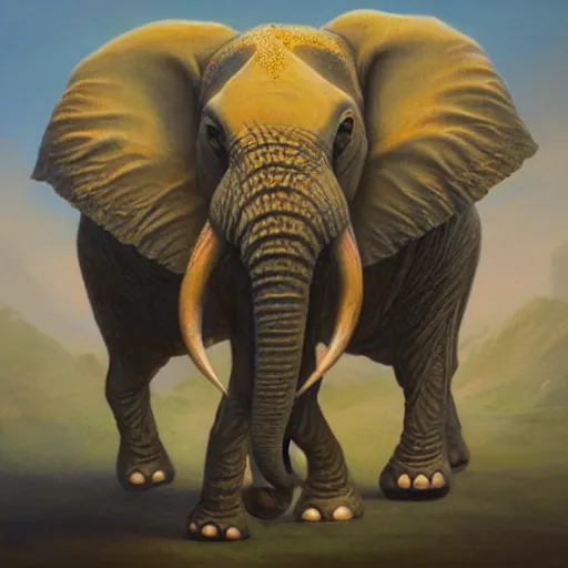 Prompt: a creature that is half elephant and half frog, oil painting by justin gerard