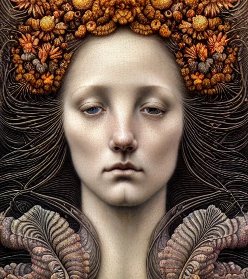 Prompt: detailed realistic beautiful autumn goddess face portrait by jean delville, gustave dore, iris van herpen and marco mazzoni, art forms of nature by ernst haeckel, art nouveau, symbolist, visionary, gothic, neo - gothic, pre - raphaelite, fractal lace, intricate alien botanicals, ai biodiversity, surreality, hyperdetailed ultrasharp octane render