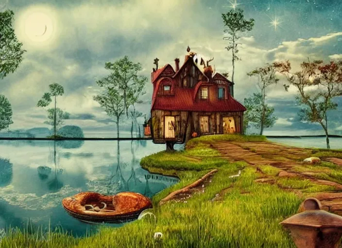 Image similar to a fantasy landscape with houses around a big lake, lowbrow in the style of alexander jansson,