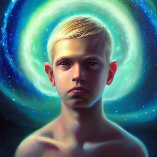 Image similar to visionary art by mandy jurgens, powerful eyes glowing highly detailed painting of deep sadness alone, young blonde boy spiritual portrait, fractal electricity surrounding him, expressive emotional sadness piece, trending on art station, abstract emotional sadness expression, very very very beautiful, fantasy digital art, visionary art, magical fantasy 2 d concept art, cosmic nebula