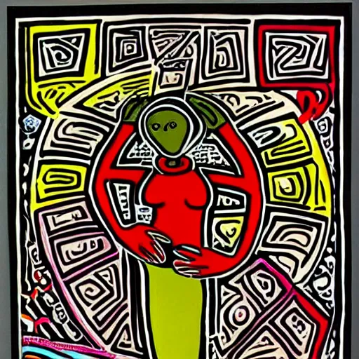 Image similar to a black woman, pregnant, by keith harring, intricate details, colorful, happy, bright