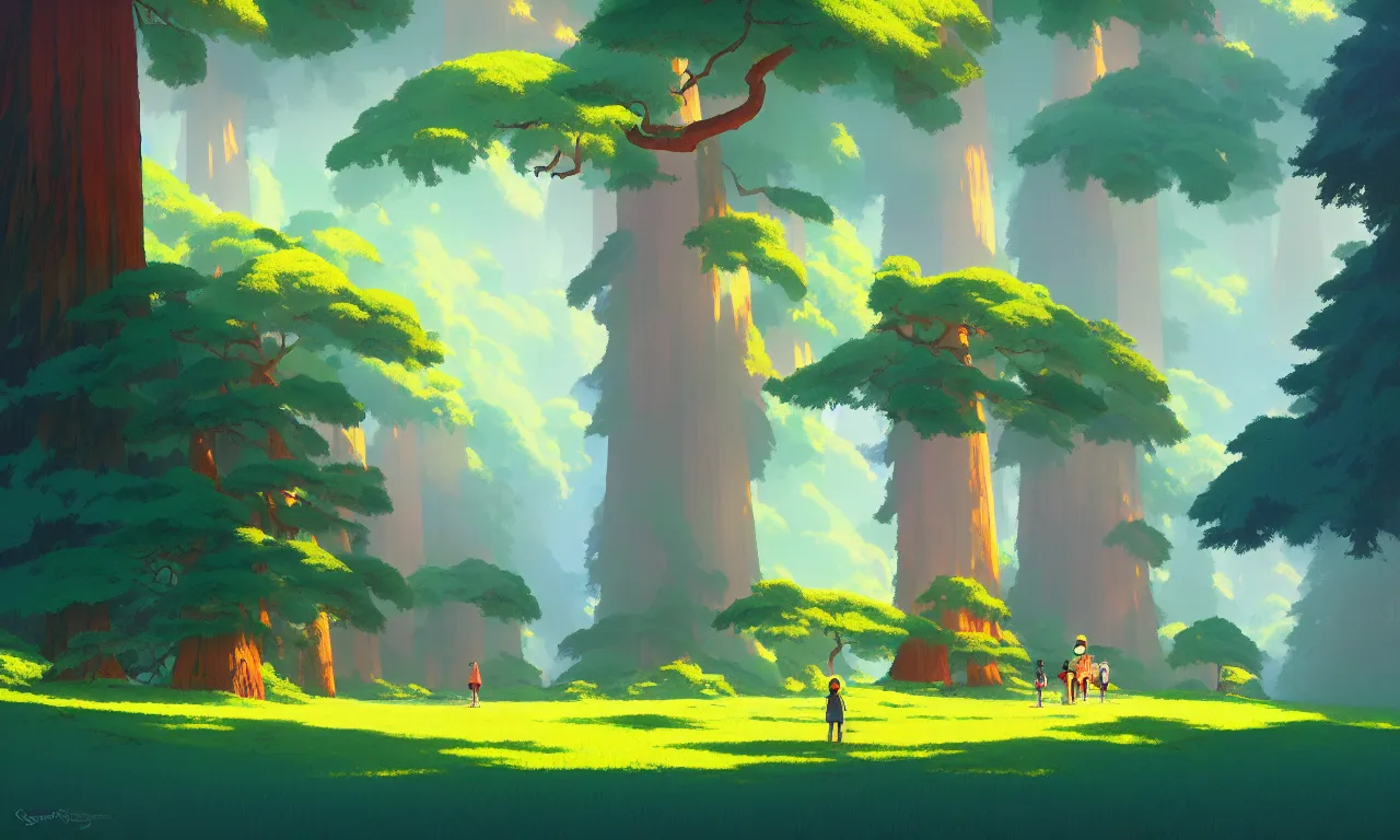 Image similar to Sequoia Park in a colorful moutain with beautiful trees , no people, morning, by studio ghibli painting, superior quality, masterpiece, traditional Japanese colors, by Grzegorz Rutkowski, concept art