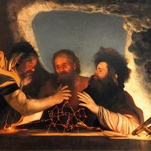 Prompt: God of forging and fire hephaistus creating the first artificial neural network in his volcanic smokey laboratory, hephaistos has a beard and a cape and is very strong, hephaistos inventor of deep learning and machines. cinematic lighting, dark background, painting by caravaggio, by rembrandt, oil on canvas