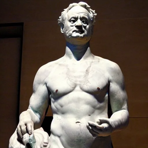 Image similar to bill murray as a marmor statue by michelangelo, church background