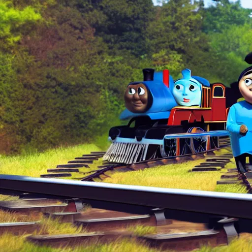 Image similar to A representation of the trolley problem: There is a runaway Thomas the tank engine barreling down the railway tracks. Ahead, on the tracks, there are five people tied up and unable to move. Thomas the tank engine is headed straight for them.