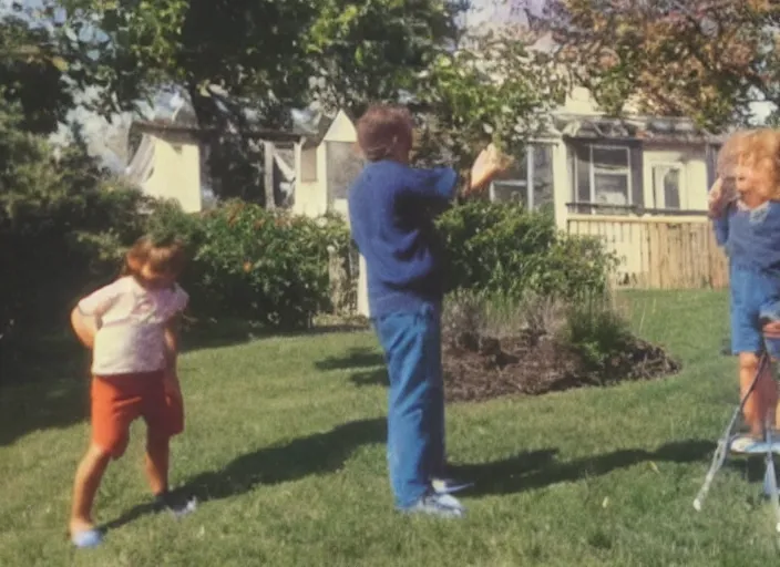 Prompt: Home video footage, Color VHS picture quality with mixed noise, Filmed by dad. Some people in the garden.