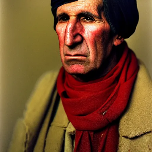 Image similar to portrait of president william henry harrison as afghan man, green eyes and red scarf looking intently, photograph by steve mccurry