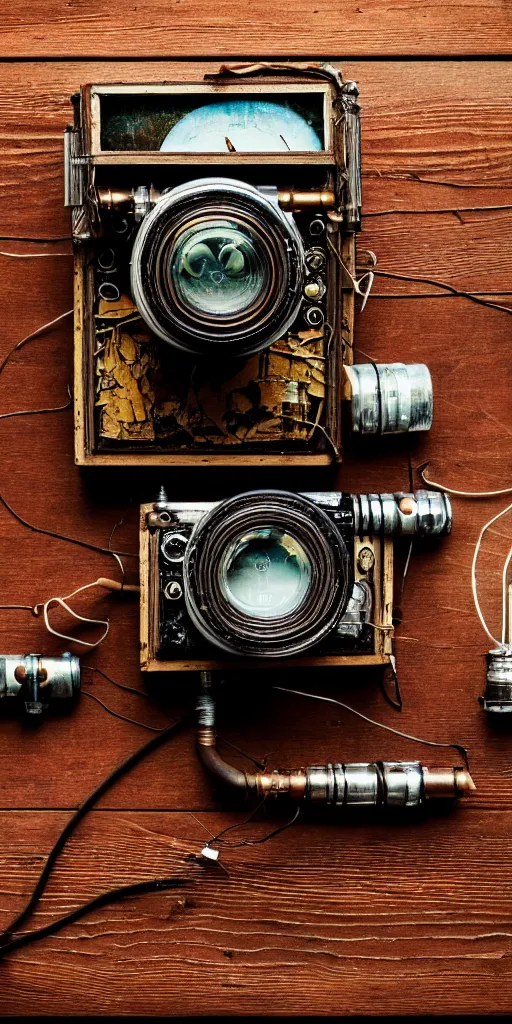 Image similar to A photo of a very old opened device with a camera lens, vacuum tubes, film, capacitors and coils inside, on an old wooden table by Annie Lebovitz, Laura Letinsky and Steve McCurry, grungy, weathered Ultra detailed, hyper realistic, 4k