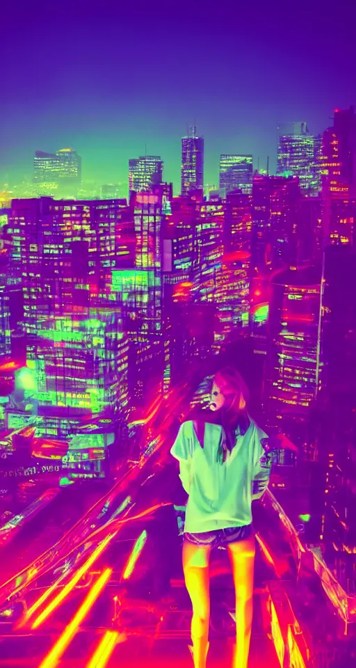 Image similar to women, neon lights, city, glow, sunset, atmospheric, cinematic, retrowave style,