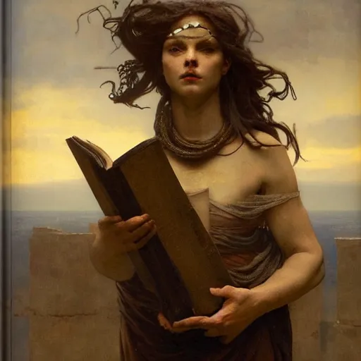 Image similar to half portait of medusa wearing a closed cowl and big old book! chained to the wrist, jeremy mann, jean - leon gerome, tiepolo, alphonse mucha, greg rutkowski, face in the shadows, ( ( ruins of ancient rome ) ), at dusk, mysterious atmosphere, sunrays, dof, high detailed, 8 k