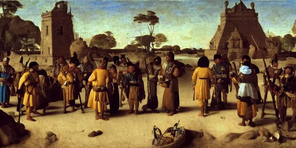 Prompt: arrival of javanese jonk on shores of mexico, majapahit soldiers meeting the aztec leaders on a beach in 1 5 6 7, 1 6 th century oil painting by vermeer, cinematic, highly detailed