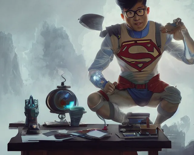 Image similar to an insanely detailed painting of a nerdy asian man wearing a superhero costume, sitting at a desk, staring at the nervously at the computer and typing, in the style of peter mohrbacher, dramatic lighting and composition, octane render, pixar, trending on artstation, concept art, comic book, view from behind