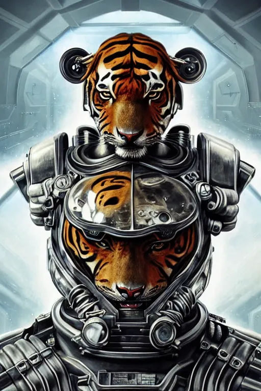 Image similar to a portrait of a muscular anthropomorphic cyberpunk tiger in spacesuit armor with ensignia on chest plate by sandra chevrier, by jon foster, detailed render, post - processing, extremely hyperdetailed, intricate, epic composition, cybernetics, 4 k realistic, cryengine, realistic shaded lighting, sharp focus, masterpiece, by enki bilal