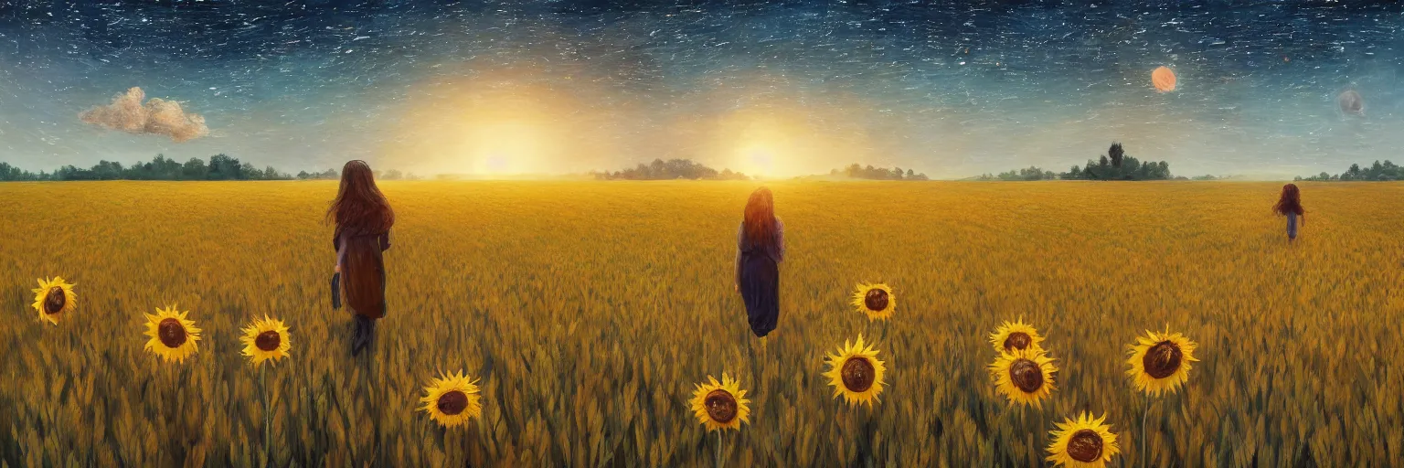 Image similar to giant sunflower as a head, girl walking in wheat field, hills, surreal photography, dark night, star trails, dramatic light, impressionist painting, clouds, digital painting, artstation, simon stalenhag