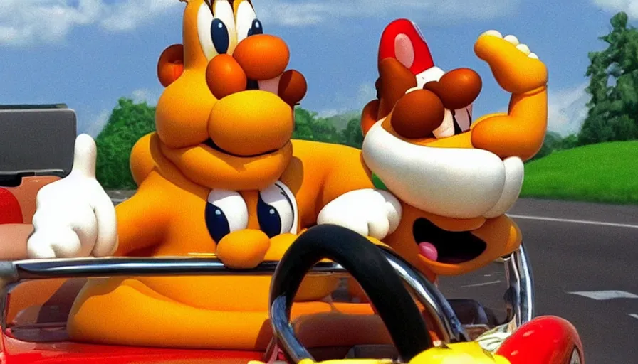 Prompt: garfield riding on a mario car while driving down a road made from lasagna