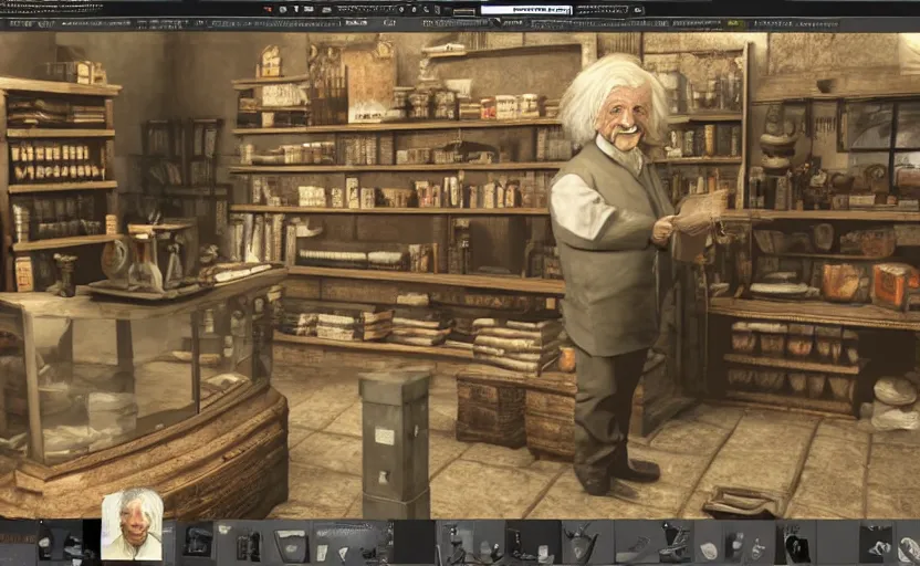 Prompt: Albert Einstein as Skyrim shop keeper. Iinterior, full color, 3d render, game engine, polygons