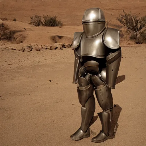 Image similar to photograph of a man in a very oversized mech armor that is 3 0 feet tall and 1 0 feet wide. his head is very small sticking out of the armor. desert setting. high detail.