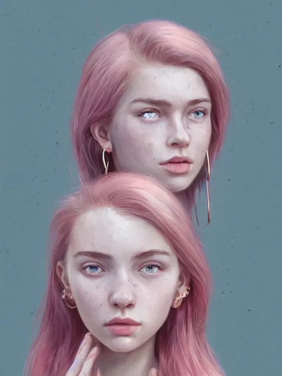 Image similar to beautiful russian girl with cute freckles and short faintly colored in pink hair and nose piercing, thin round earrings, winds of winter, au naturel, hyper detailed, digital art, trending in artstation, cinematic lighting, studio quality, smooth render, octane rendered, concept art, sharp focus, illustration, art by artgerm and greg rutkowski and wlop