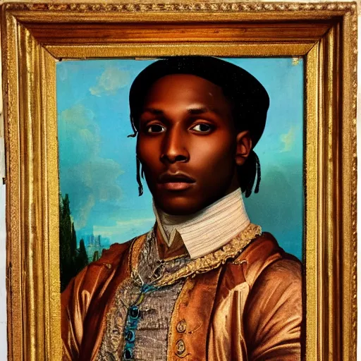 Image similar to a renaissance style portrait painting of asap rocky