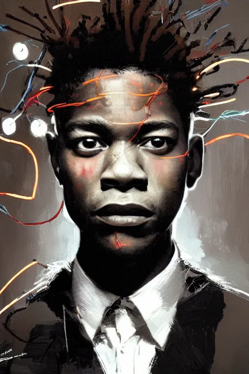 Image similar to portrait of jean basquiat, intricate, elegant, glowing lights, highly detailed, digital painting, artstation, sharp focus, illustration, art by wlop, mars ravelo and greg rutkowski