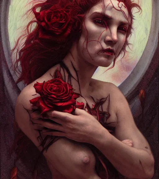 Image similar to blood rose devil nightmare of the maiden in the fortress of lies, by annie swynnerton and tino rodriguez and charlie bowater and tom bagshaw and nicholas roerich and jean delville and evelyn de morgan and lucien freud, dramatic lighting, floral tattoos, rich colors, smooth sharp focus, anime key visual, extremely detailed, adolf wolfli