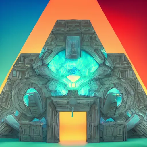 Image similar to ancient construct cursed by the epidote, painted by diego gisbert llorens and charles binger and frank wu and glenn chadbourne, trending on artstation, iridescent cool blue and cyan and red and blue and yellow and green lighting product view sacred geometry, unreal engine, positivism, vaporwave, performance art