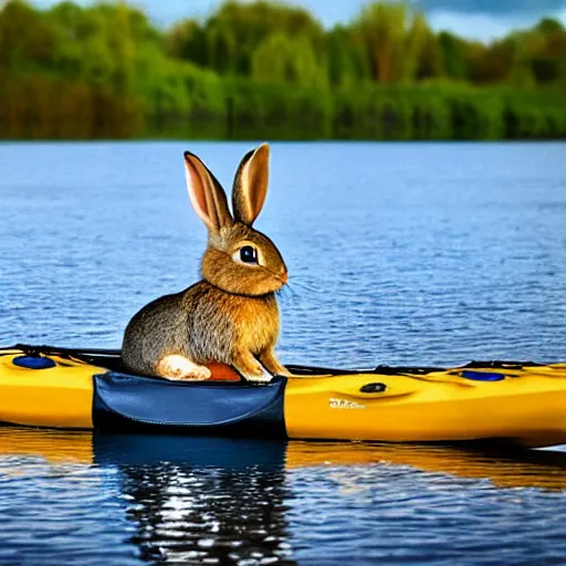 Image similar to a rabbit posing with a kayak next to a calm swedish river, 4k photorealistic