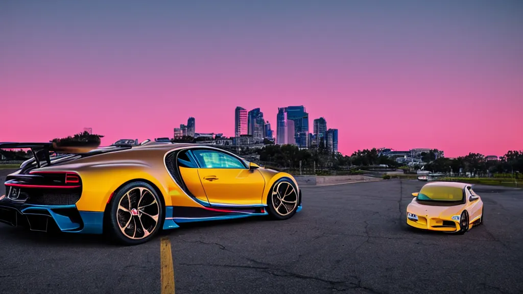 Image similar to synthwave bugatti chiron at sunset