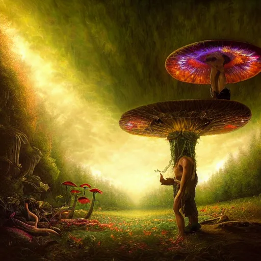 Prompt: a painting of a human descending from sky with magic mushrooms, in style of Gregory Crewdson, Mark Keathley, Lilia Alvarado, Greg Hildebrandt, by Android Jones, octane renderer, unreal engine, hyper detail, high textures, hyper sharp, insanely detailed and intricate, super detailed, 4k HDR high quality