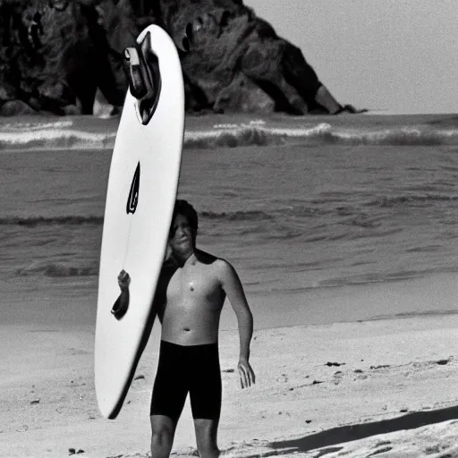 Prompt: Rick Moranis as a Californian surfer dude, movie still, cinematic Eastman 5384 film