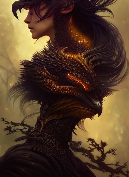 Image similar to side portrait dark crow, fantasy forest landscape, dragon scales, fantasy magic, dark golden light night, intricate, elegant, sharp focus, illustration, highly detailed, digital painting, concept art, matte, art by WLOP and Artgerm and Greg Rutkowski and Alphonse Mucha, masterpiece