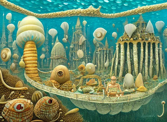 Prompt: underwater city with fish citizens inside!! the seashell, small scandinavian!!! houses, little people!!!, by jacek yerka by levitan, surrealistic painting, masterpiece, oil painting, sharp focus, highly detailed, intricate, smooth, 8 k,