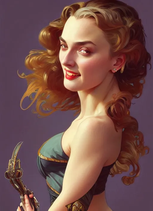 Image similar to “ daria strokous as femme fatale smiling and winking, intricate, elegant, highly detailed, digital painting, artstation, concept art, smooth, sharp focus uhd 8 k, art by artgerm and greg rutkowski and alphonse mucha ”