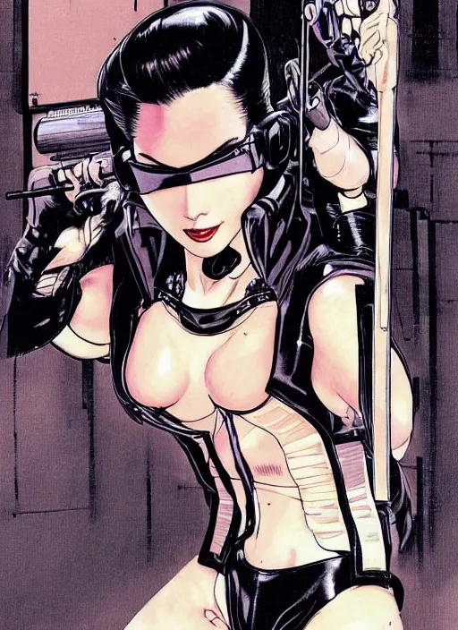 Image similar to selina tanaka. cyberpunk geisha in tactical harness and jumpsuit. dystopian. portrait by stonehouse and mœbius and will eisner and gil elvgren and pixar. realistic proportions. cyberpunk 2 0 7 7, apex, blade runner 2 0 4 9 concept art. cel shading. attractive face. thick lines. moody industrial landscape.